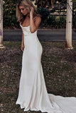 Classic Soft Satin Mermaid Wedding Dress Spaghetti Straps Criss Cross Back Trumpet Bride Dress OKV64