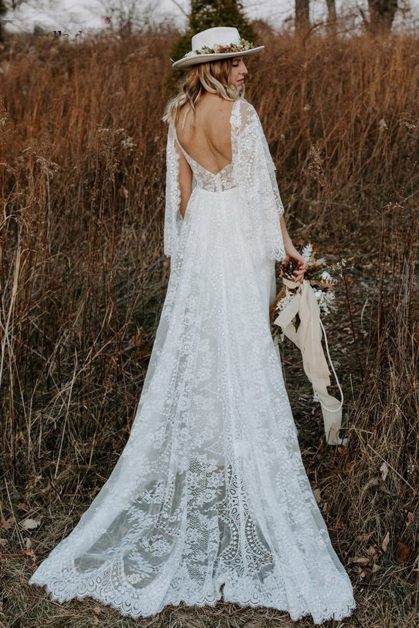 Lace V Neck Backless Boho Wedding Dress A-line Lace Beach Bridal Gown OKV56