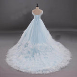 Light Blue Off the Shoulder Tulle Ball Gown Prom Dress Quinceanera Dresses OKV3