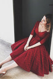 Half Sleeves Dresses,Burgundy Homecoming Dresses,Lace Homecoming Dresses,Red Cocktail Dresses,Burgundy Prom Dresses,V Neck Homecoming Dresses,Lace Prom Dresses