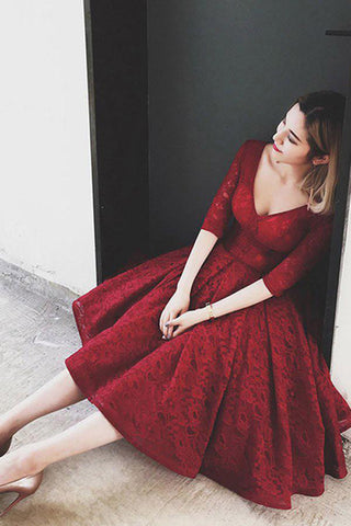 Half Sleeves Dresses,Burgundy Homecoming Dresses,Lace Homecoming Dresses,Red Cocktail Dresses,Burgundy Prom Dresses,V Neck Homecoming Dresses,Lace Prom Dresses