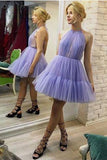 Halter Lavender A Line Tulle Short Unique Homecoming Dresses OKD84