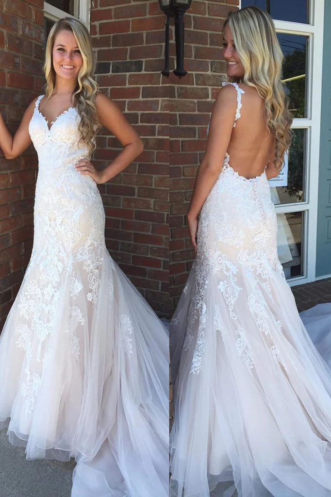 V Neck Backless Mermaid Lace Appliques Long Wedding Dresses with Train OK1727