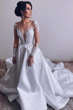 A Line Long Sleeve Satin Appliques Wedding Dress Cheap Long Bridal Dress OKH77