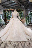 Princess Long Sleeves Ball Gown Lace Wedding Dress, Long Bridal Dress OKN43