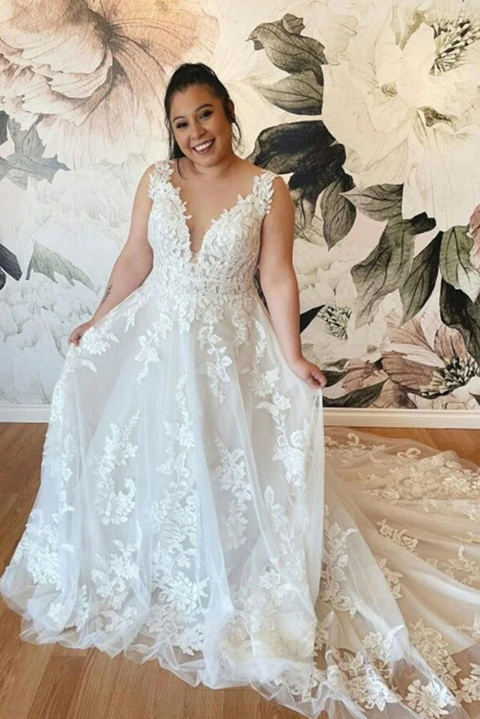 A Line V Neck Backless Off White Lace Long Plus Size  Wedding Dresses OK1734