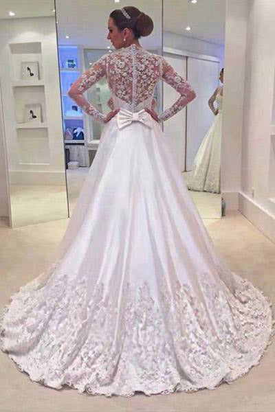 White A Line V Neck Long Sleeves Appliques Wedding Dress With Sweep Train OK525