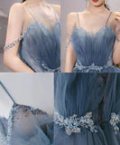 Dusty Blue Sparkly Tulle Beaded Prom Dress, Tiered Formal Gown With Rhinestone OK1932