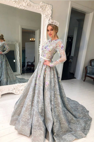 Long Sleeve Grey Lace A Line Long Evening Prom Dresses for Teens OKG90