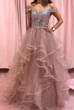 Rhinestones Layered Off the Shoulder Prom Dress Rose Pink Tulle Party Dress OKS12