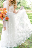 Romantic Tulle A Line Flower Bridal Gown with V-neckline Beach Wedding Dress OK1429