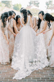 Romantic Tulle A Line Flower Bridal Gown with V-neckline Beach Wedding Dress OK1429