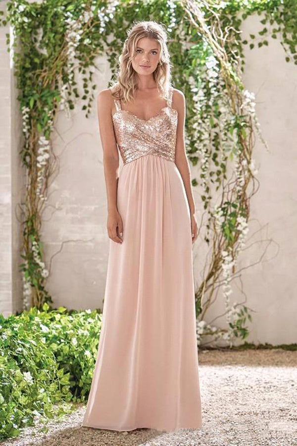 Rose Gold A Line Spaghetti Straps Prom Gowns Backless Sequined Chiffon Bridesmaid Dress OKI10
