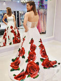 Rose Red Floral Long Prom Dress with Pockets Strapless Evening Gown OKI64