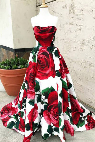 Rose Red Floral Long Prom Dress with Pockets Strapless Evening Gown OKI64