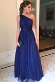 Royal Blue Tulle Long Prom Dress One Shoulder Beautiful Bridesmaid Dress OK8