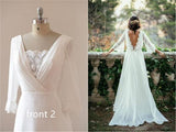 Sexy Ivory Lace 3/4 Long Sleeve Backless Summer Chiffon Plus Size Beach Wedding Dress OK271