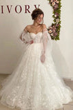 Lace Floral Puffy Sleeve Wedding Dress Sweetheart Long Train Bridal Gown Corset Back OKV20