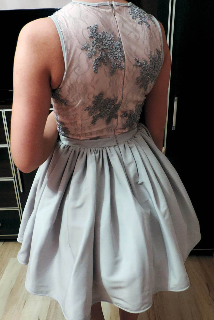 Cute Lace Top Satin V-neck Sleeveless A Line Homecoming Dress OKA77