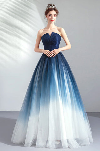 Strapless Ombre A Line Tulle Prom Dress Long Formal Dress OKQ74