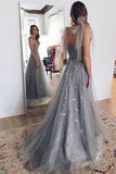 Elegant Lace-Up Back A-line Tulle Sweetheart Long Grey Prom Dress OK1319