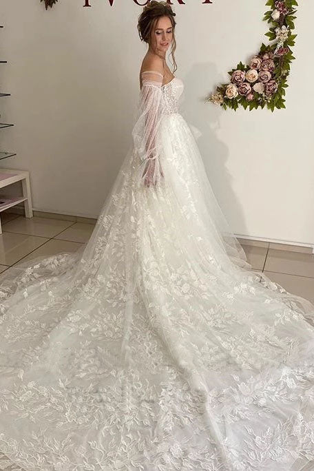 Lace Floral Puffy Sleeve Wedding Dress Sweetheart Long Train Bridal Gown Corset Back OKV20