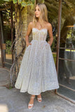 A-line Sweetheart Boning Fitted Bodice Tea Length Prom Party Gown With Pockets OKW85