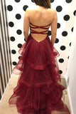 Burgundy Sweetheart Puffy Pleated Ruffles Long Prom Dress OK938