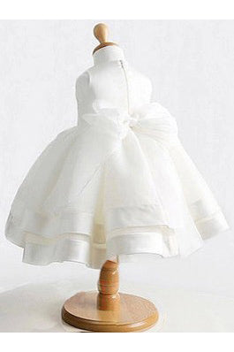 White Ball Gown Jewel Sleeveless Bowknot Long Satin Flower Girl Dress OK700