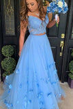 3D Flowers Blue Two Piece Graduation Gowns Off Shoulder A-line Long Prom Dress OKV72