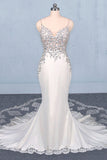 Mermaid Spaghetti Straps Beading Wedding Dresses, Elegant Appliques Bridal Dresses OKQ15