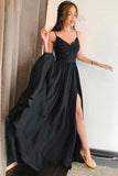 Stunning A-line Spaghetti Straps Long Black Prom Dresses with Split OKJ63