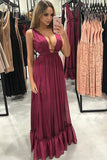 Sexy A-Line V-Neck Pleated Burgundy Chiffon Prom Party Dresses OKF8