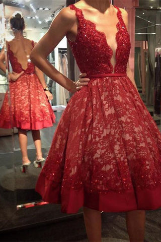 A-line Homecoming Dresses,Deep V-neck Prom Dresses,Short Prom Dress,Sexy Homecoming Dresses,Sweet 16 Dresses,Graduation Dress,Red Homecoming Dress,Lace Homecoming Dresses,Backless Prom Dresses