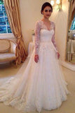 A-line Wedding Dresses,V-neck Wedding Dress,Tulle Wedding Gown,Long Sleeves Wedding Dresses,Lace Wedding Dresses