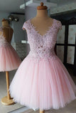 Pink V Neck Lace Appliques Homecoming Dresses, A-Line Short Prom Dress OKO69