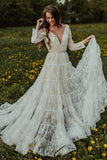 A-line Lace Long Sleeves Beach Wedding Dress V Neck Boho Wedding Dress OKY93