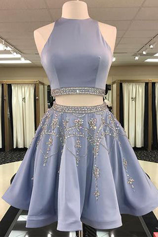 Stylish Homecoming Dress,Two Piece Homecoming Dresses,A-Line Homecoming Dress,Jewel Sleeveless Prom Dresses,Short Homecoming Dress With Beading