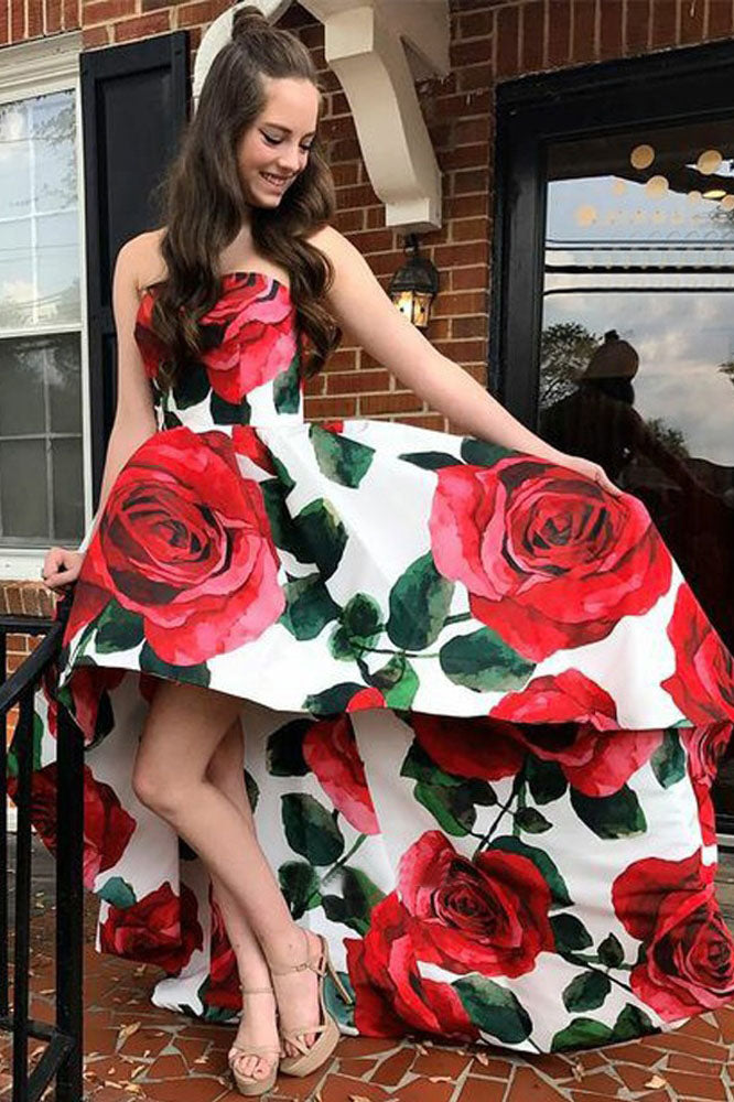 Unique Strapless Floral Satin High low Long Prom Dress with Pockets, OKM68