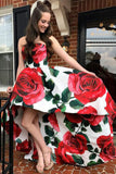 Unique Strapless Floral Satin High low Long Prom Dress with Pockets, OKM68