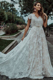 Princess Lace V Neck Backless Boho Wedding Dress A-line Lace Bridal Gown OKV57