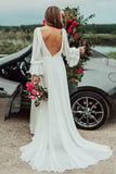 Deep V Neck A-line Long Sleeves Wedding Dress With Slit V Back Long Bridal Gowns OKX86