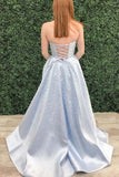 A-line Strapless Light Sky Blue Satin Prom/Formal Dress With Pearls OKU8