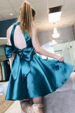 Unique Two Pieces Short Dark Teal Satin A Line Homecoming Dress with Bow OKC26