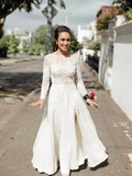 Elegant A-line Bateau Long Sleeves Lace Appliques Off White Wedding Dresses, OKC31