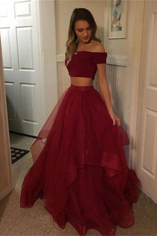 Cheap 2 Pieces Simple Long Burgundy A Line Off The Shoulder Prom Dress OKE62