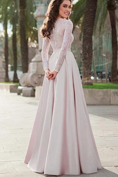 Lace Top Satin Jewel Neckline Long Sleeves A-line Prom Dresses Evening Dress OK890