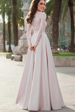 Lace Top Satin Jewel Neckline Long Sleeves A-line Prom Dresses Evening Dress OK890