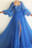 Long Lantern Sleeve Tulle A-line Sky Blue Prom Dress With Slit OKV82