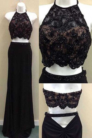 Two piece evening dress, blackprom dress, long prom dress, Sexy evening dresses, Beading prom dress, Lace prom gown, chiffon evening dresses, 2 pieces prom dress